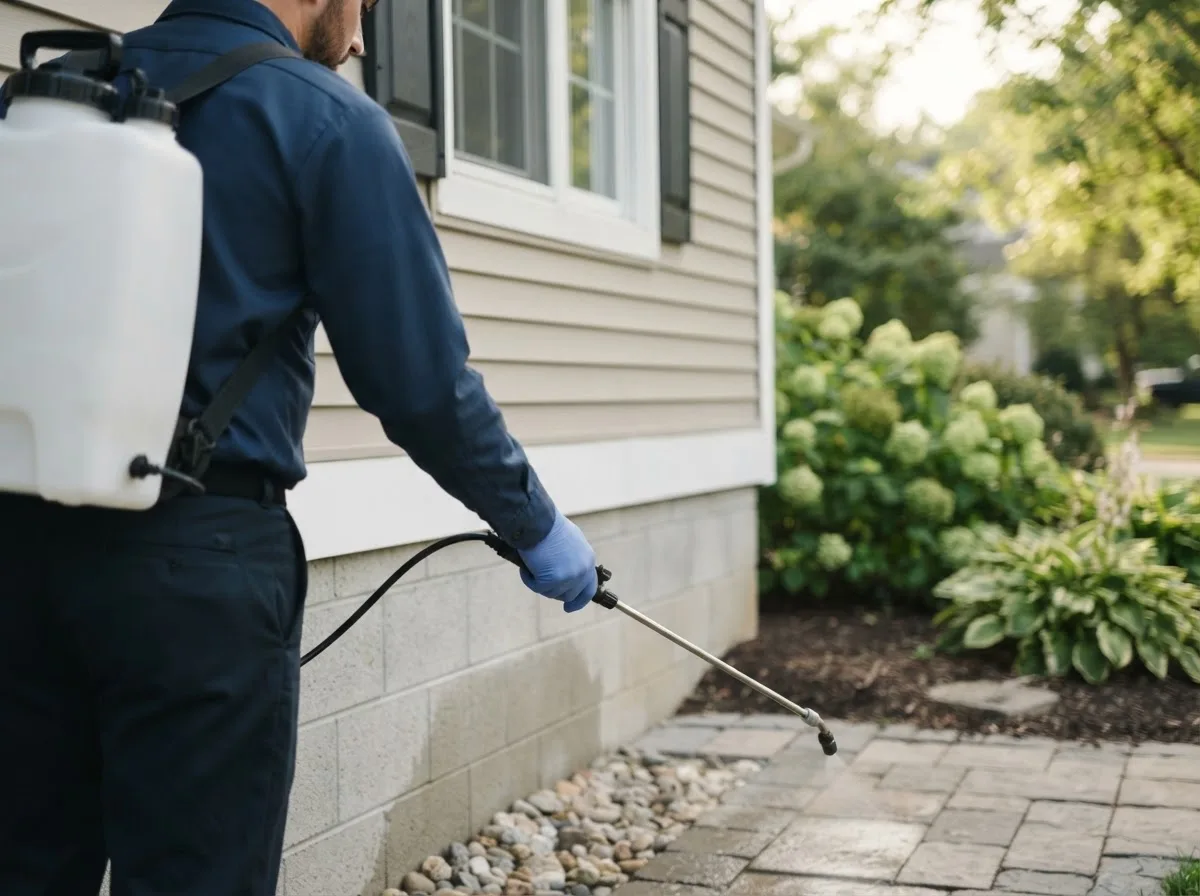 Pest control technician inspecting a home in Porum, OK